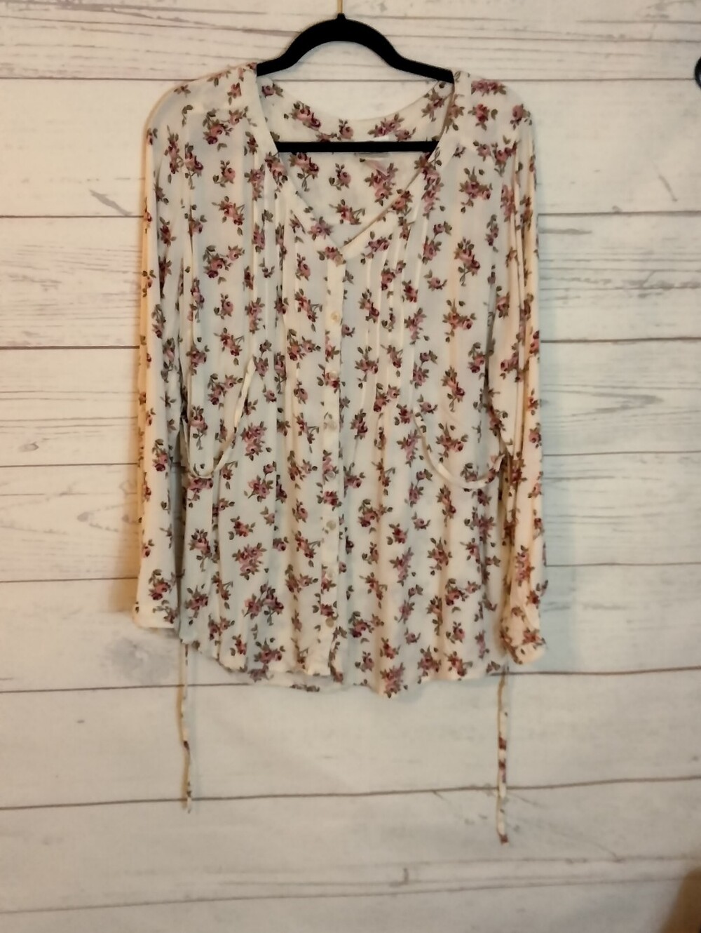 Destination Maternity Cream Blouse with Pink Floral Print